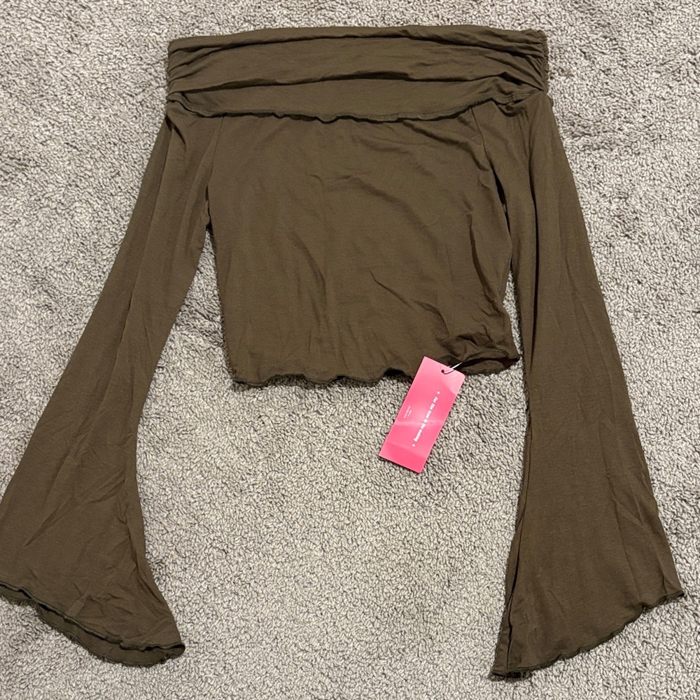 SHEIN dark olive green Off-Shoulder Bell Sleeve Top
